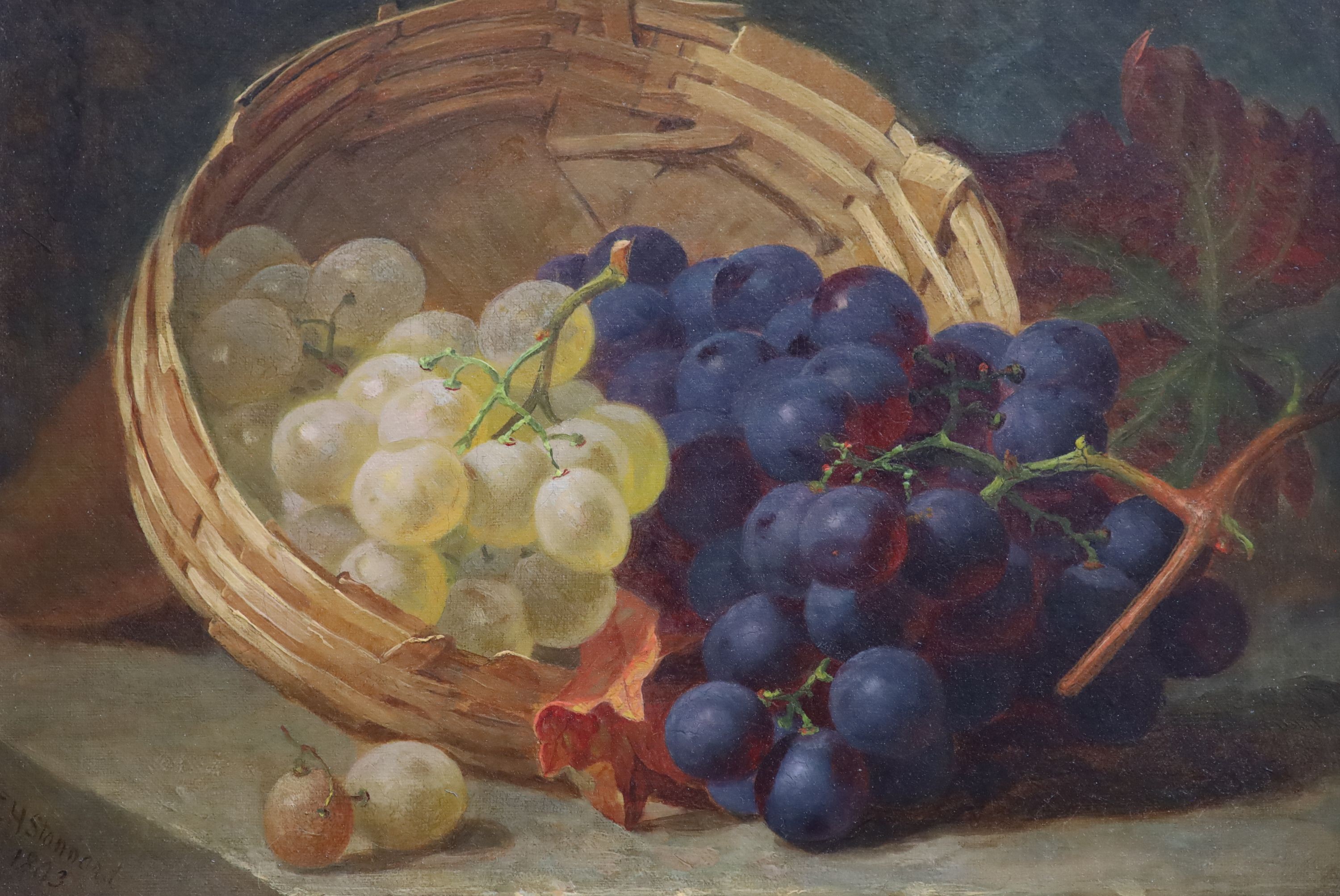 Eloise Harriet Stannard (1806-1889), Still life’s of apples and grapes in a basket, Oil on canvas, a pair, 21 x 30cm.